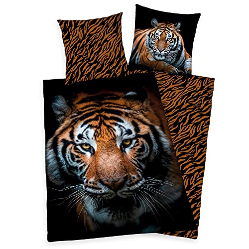 Herding Wende Bettwäsche Set mit Tiger 135 x 200 cm 80 x 80 cm 100% Baumwolle