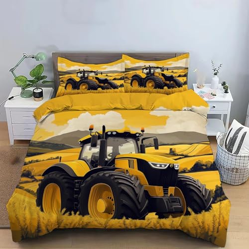 BJCJGGL Bettwäsche 200x220 Gelber Traktor Bettwäsche-Set mit Reißverschluss Schließung und 2 Kopfkissenbezug 80x80 cm - Weiche Angenehme Mikrofaser Bettbezug für Erwachsene Kinder