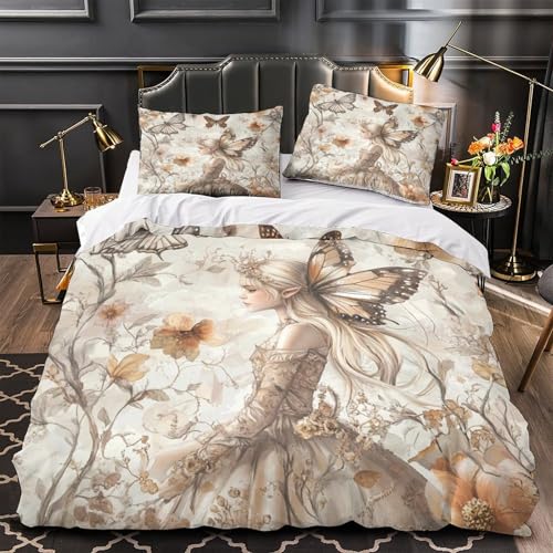 RJAVAGFZL Schmetterlingsfee-Kunst 3D-Druck 3er-Set Bettbezug Fantasievolle Blumenillustration Bettdeckenbezug Mikrofaser Reißverschluss Staubmilbenfest für Jungen Kinder Männer Single (135x200cm)