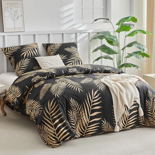 Lekesky Bettwäsche 200x200, 3teilig Bettwäsche Set 200 x 200 cm, Schwarzer Bettbezug mit Goldenem Tropical Palmenblatt-Muster, Mikrofaser mit Reißverschluss, 2 Kissenbezüge 80x80 cm