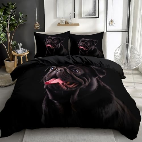 Schwarz Bettwäsche 155x220 cm Tier Mops 3teilig Bettbezüge Set Wende Bettwäsche aus Polyester Baumwolle mit Reißverschluss, Bettwäsche-Sets Weich und Bügelfrei