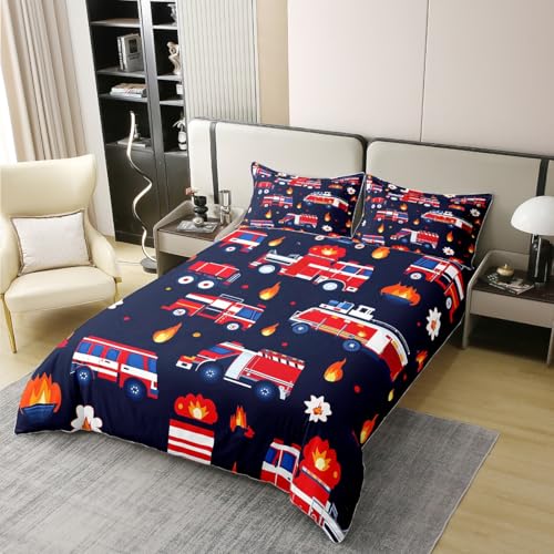 Homemissing Feuerwehr 100% Baumwolle Bettwäsche Set 135x200cm Rotes Auto Bettbezug Feuerwehrmann Auto Fahrzeug Betten Weich Bettwäsche-Set mit 1 Kissenbezug