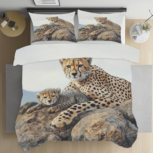 Kioldoq Leopard Wildtiere Bettwäsche 135x200 Microfaser, Niedlich Tier Bettwäsche Kühlend Sommer, Lebensecht Felsen Bettbezuge Mit Reißverschluss 3 Teiliges, Wendebettwäsche Und Kissenbezug 80x80 cm