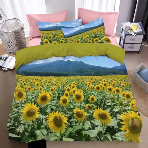 WunM Studio Bettwäsche 200 * 200cm Gelb Blumenfeld Sonnenblume Bettbezug Set 3 Teilig Natürliche Schönheit Blümchen Blumenmuster Weich Bettwäsche-Sets mit 2 Kissenbezüge 80x80 cm und Reißverschluss