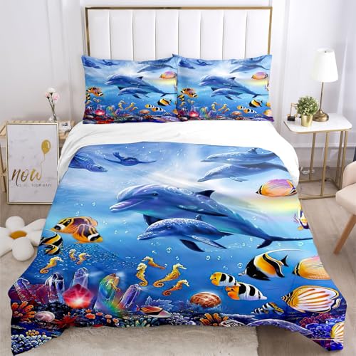 Bettwäsche Schildkröte 135x200,3D unterwasserwelt Bettwäsche Set,Delfin,Tropischer Fisch,Korallen,Meereslebe n Bettbezug,Blaue Unterwasserwelt Bettbezug für Kinder (Unterwasserwelt-B, 135x200cm)