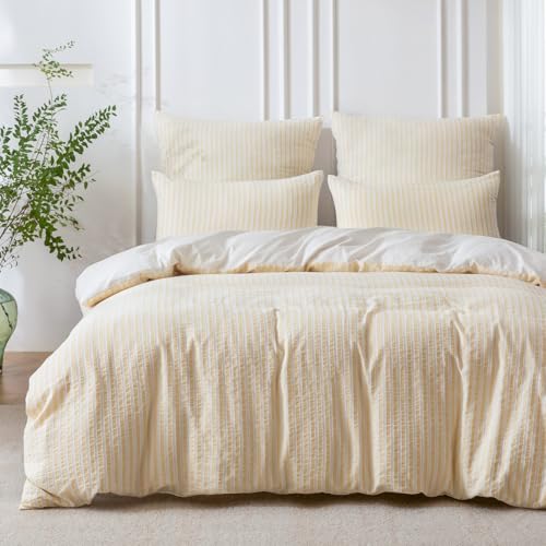 SOULFUL Bettwäsche 155x220 Baumwolle Gestreift, Jacquard Gewaschene Baumwolle Boho Bettwäsche-Sets mit Reißverschluss Öko-Tex 100 Zertifizier, Gelb