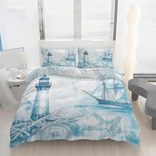Generisch Bettwäsche 155x220 cm Leuchtturm Segelboot Kompass 3 Teilig, Maritim Küsten Bettbezug Reißverschluss Ultraweicher Mikrofaser Wendebettwäsche mit 2 Kissenbezüge 80x80cm Maschinenwaschbar
