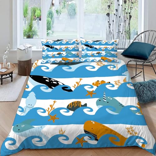 MOXINO 3D Maritime Bettwäsche 135x200 cm 2teilig Delfine Fische Bettwäsche für Kinder Leicht Mikrofaser Bettbezug Sommer Weiche Bettbezüge mit Kissenbezüge 50x75?Muster 114-9?