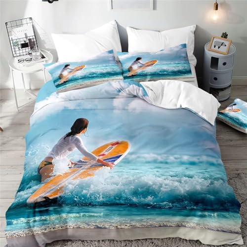 Surfthema Bettwäsche 220x240 Meer Bettwäsche-Sets 3D Gedruckter Bettbezug Weiche Kuschelig Mikrofaser Bettbezüge mit Reißverschluss und 2 Kissenbezüge 80x80 D-4402