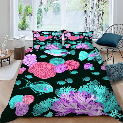 MOXINO 3D Maritime Bettwäsche 135x200 cm 2teilig Fisch Bettwäsche für Kinder Leicht Mikrofaser Bettbezug Sommer Weiche Bettbezüge mit Kissenbezüge 80x80?Muster 108-16?