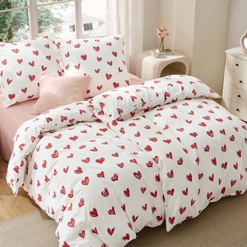 BEDSURE Bettwäsche 135x200 4teilig Herzen   Bettwäsche Sets Weiß Bettbezug 135 x 200 2er Set 2 Kissenbezüge 80x80, Oeko TEX Bedding Muster Herz Reißverschluss