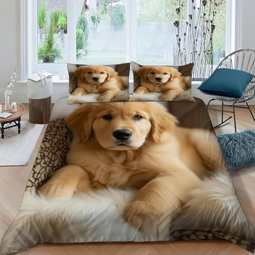 Golden Retriever Bettwäsche 135x200 Junge Bettwäsche-Sets Weich Mikrofaser Niedliche Haustiere 3D-Druck Es Besteht Aus Einem Bettbezug mit Reißverschluss und 2 Kissenbezüge 80x80 B.1730