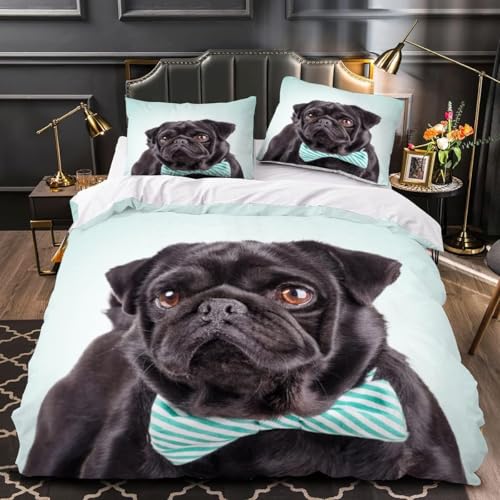 TACOKI Bettwäsche 140x200 Mops, 3D Muster Tier Bettwäsche Set Weich Kuschelig Mikrofaser Bettbezug mit Reißverschluss Bettbezüge + 2 Kissenbezug 80x80 cm c1526