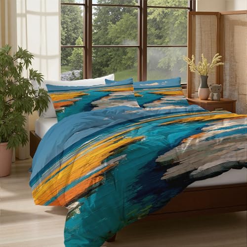 Abstrakt Modern Bettwäsche 135×200 cm - Das Meer und die kleine Wolke Bettwäsche-Sets 2-teilig - Weiche Mikrofaser Bettbezug mit Reißverschluss + 1 Kissenbezüge 80x80 cm, Paare, Erwachsene, gelb blau