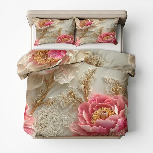 Generisch Blumen Bettwäsche 135x200 2er Set Mit 3D Blumenmuster Blätter Gold Rosa Muster, Bettbezug Set Bügelfreie Bettwäsche Mit Reißverschluss, Kissenbezug, Blumen Deko