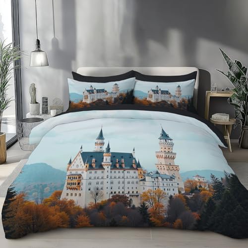 GSAEIMCT Bettwäsche 135X200Cm 3Teilig Bettdeckenbezug Schloss Neuschwanstein,Deutschlan d,Bettbezug Set Klassische Architektur Mit 2 Kissenbezügen 80X80 cm Mit Reißverschluss,Bügelfre i Und Weich