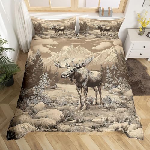 Homewish Rustischer Elch Bettbezug 135x200 Waldland Bettwäsche Erwachsene Teenager Frauen Vintage Naturmalerei Bedding Jugendliche Berg Fluss Baum Bettwäsche Set Mikrofaser 2 teilig