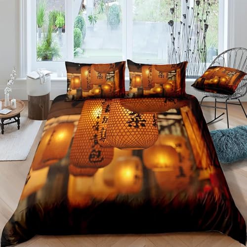 Japanischer Stil Bettwäsche 140x200 Japanische Laterne Bettwäsche Set, 3D Bettbezug Set Weich Microfaser Bettbezüge Orientalisch Wendebettwäsche für Kinder Erwachsene mit 2 Kissenbezüge 4951e