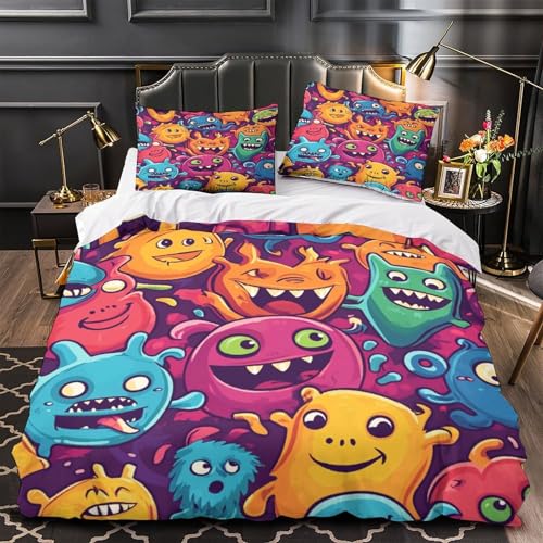 RJAVAGFZL Lustige Monster 3D-Druck 3er-Set Bettdeckenbezug lebendiger Cartoon-Stil Steppbezug Mikrofaser Atmungsaktiv Reißverschluss für Kinder Mädchen Erwachsene Single (135x200cm)