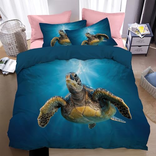 WunM Studio Bettwäsche 135 * 200cm Azurblau Grüne Schildkröte Bettbezug Set 2 Teilig Meerwasser Blümchen Blumenmuster Weich Bettwäsche-Sets mit 1 Kissenbezüge 80x80 cm und Reißverschluss