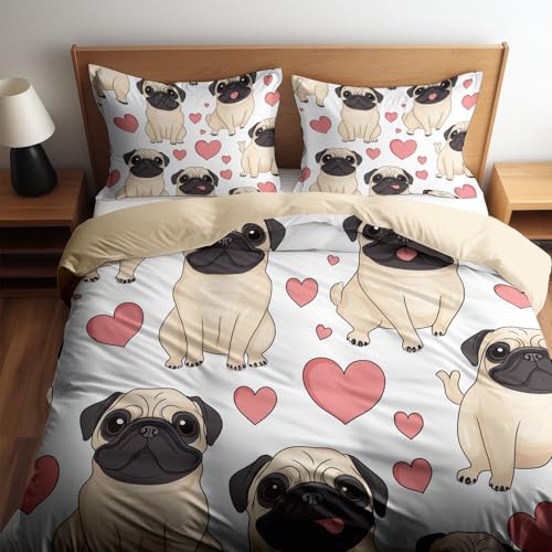Bettbezug Tierischer Mops im Zeichentrickstil Bedrucktes 3-teiliges Bettwäsche-Set 135 x 200 cm, Bettbezug mit Reissverschluss, für Kinder und Erwachsene Herzform Bequem und Atmungsaktiv Bettbezüge