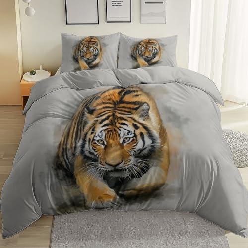 Bettbezug-Set Aquarell Handgemaltes Tier Tiger Bedrucktes Weiches Atmungsaktiv Mikrofaser-Bettwäsche-Se t 80x80cm Kissenbezug Grau Für Erwachsene Kinder 3 Stück Mit Reißverschluss, 220 x 240 cm
