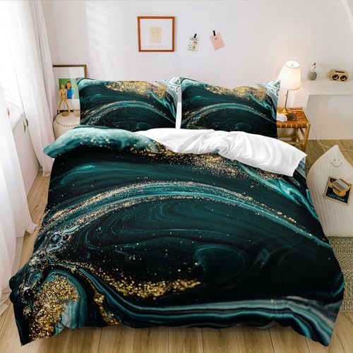 Luowei Marmor Muster Bettwäsche 155x220 cm Dunkelgrün Gold Bettwäsche Set Microfaser Luxus Modern Bettbezug und 2 Kissenbezüge 80×80cm mit Reißverschluss