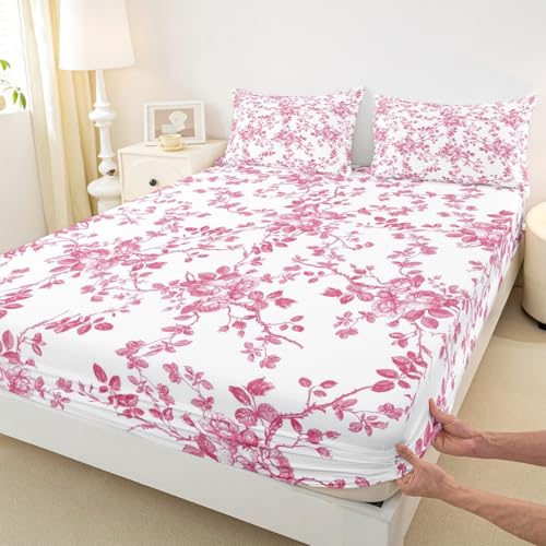 Natürliche Blätter Kinder M Größe eingebautes Blatt, Blumenblatt botanische Pflanze Raumdekoration, Boho rustikale Bauernhaus Bettwäsche, Rose rosa Fitted Blatt 1 Kissenbezüge (Keine Wohnung)