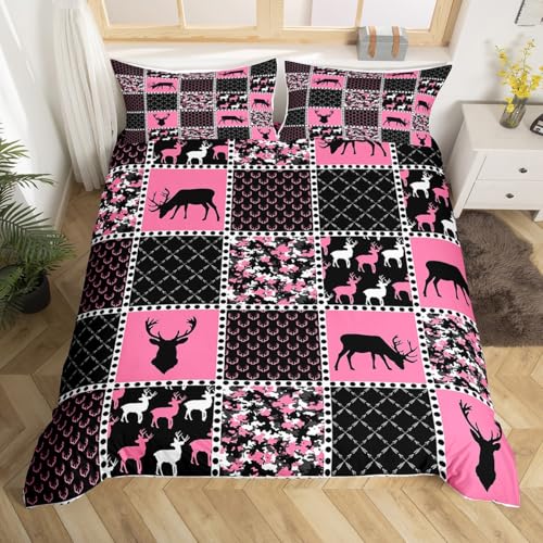 Homewish Hirschjagd Bettbezug Pink Camouflage 135x200 Bettwäsche Set,Patchwork Stil Abstrakte Camo Bett Set Waldtiere Rustikale Rentiere Bettwäsche