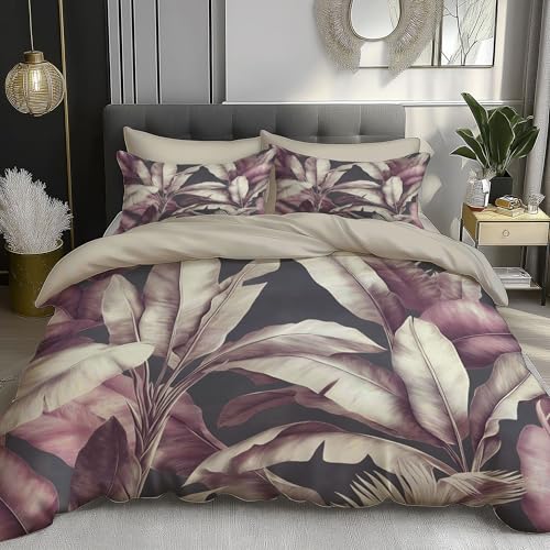 TDNEKMCA Bettwäsche Set Tropische Blätter Bettbezug 155x220cm Dschungel 3D-Digitaldruck Bettwäsche-Sets 3 teilig Weiche Mikrofaser Bettbezug mit Reißverschluss und 2 Kissenbezug 80 x 80 cm,Weinrot