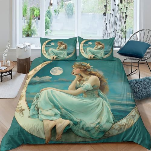 KWPGMDRY Schöne Prinzessin sitzt auf der Mondsichel Bettwäsche 3D Druck Mikrofaser Betten Set Aquarell-Stil Bettbezug-Set + Kissenbezug, 3 Teiliges Für Kinder Teenager Double?200x200cm?