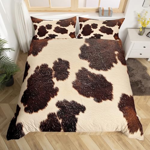 Homewish Rinderleder 135x200 Bettbezug,Braun Beige Rustikale Bettwäsche Set für Jungen Erwachsene,Westliches Bauernhaustier Tröster Abdeckung für Schlafzimmer Dekoration mit 1 Kissenbezug Bett Set