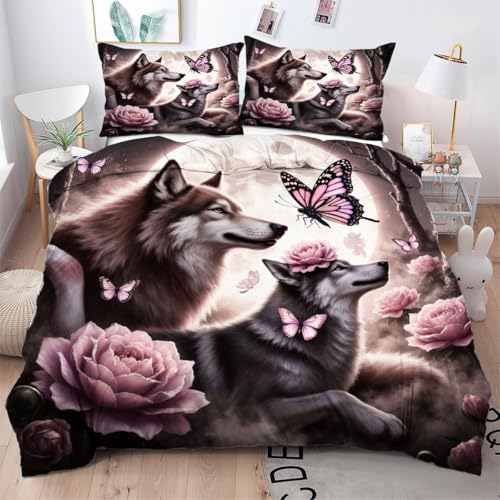 Gumntun Bettwäsche 135×200 cm Wolfsblume Schmetterling, 3D Gedruckter Bettwäsche Set mit Reißverschluss, Weich Mikrofaser Bettdeckenbezüge für Zimmer Dekor_B5330