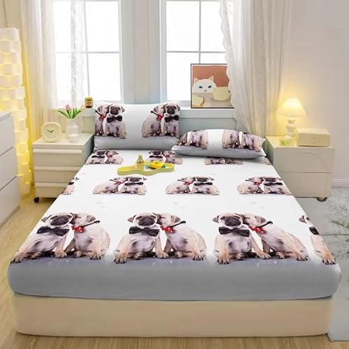 Spannbettlaken-Set für Doppelbett,Weiß/Grau Mops Tiefe Tasche 30cm,Weiche Mikrofaser,3-teiliges Bettwäsche-Set mit 2 Kissenbezügen, hypoallergen, 135 x 190 cm q450