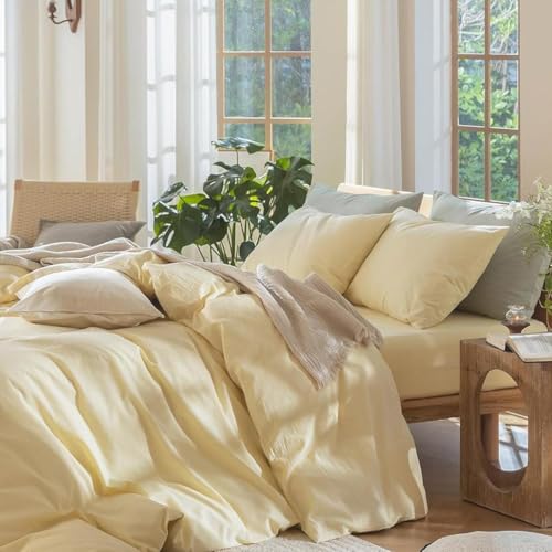 Lanqinglv Bettwäsche 135x200 Baumwolle,Hellgelb Bettwäsche-Sets mit Stone Washed,1 Bettbezug 135x200 cm + 1 Kissenbezug 80x80 cm Oeko-Tex Zertifiziert Bettwäsche mit Reißverschluss