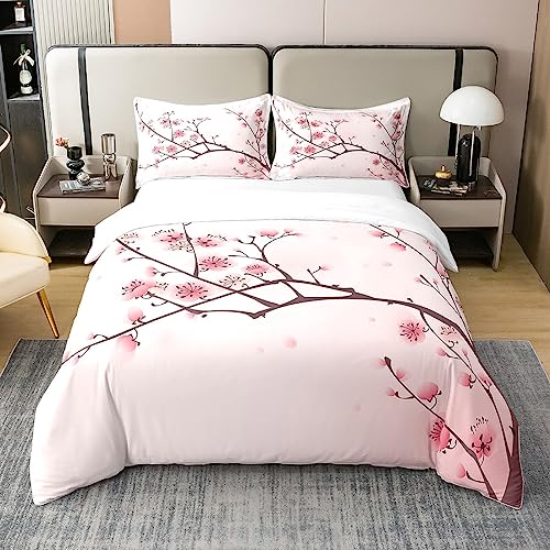 Kirschblüten 100% Natürliche Baumwolle Bettwäsche Set,Japanische Stil Blume Bettbezug 135x200 für Mädchen Schlafzimmer,Exotische Blumen Blüten Tröster Abdeckung Rustikale Zweige Quilt Cover,Rosa