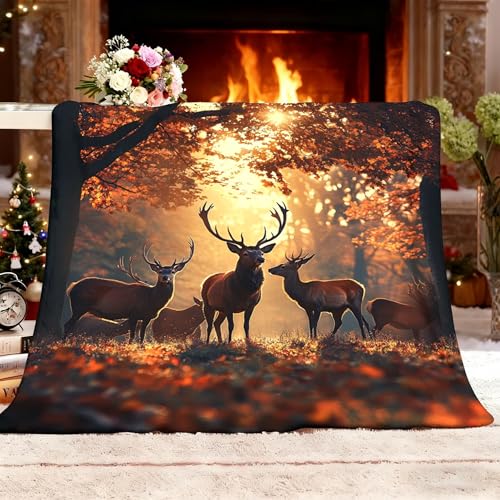 Kuscheldecke XL 150x200cm Sonnenuntergang Wald Tiere Hirsche wasserdichte Decke aus Flanell-Sherpa Orange Farbe Bettwäsche Wohndecken Couchdecke Decken für Sofa Couch und Tagesdecke