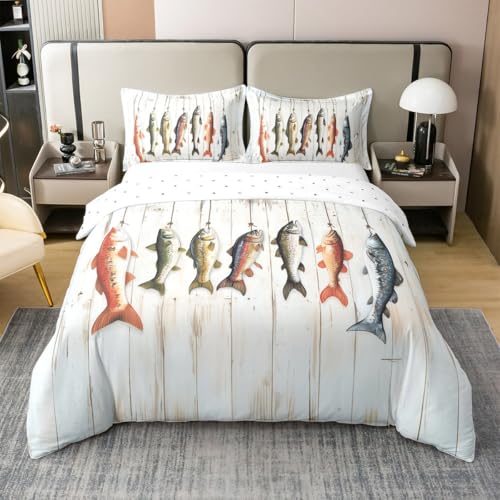 Homemissing Fisch 100% Baumwolle Bettwäsche Set 135x200cm Fisch Jagd Bettwäsche-Set Kinder Teenager Erwachsene Meer Tier Betten Bauernhaus Kabine All Season