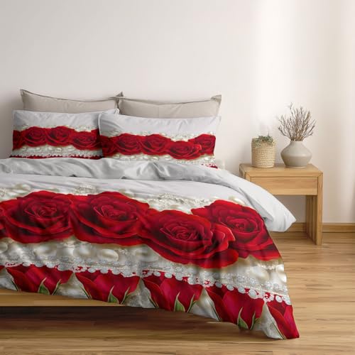 Bettwäsche Set 180 x 200 cm Romantisch Blumen Rose Perle Bettbezug, Weich Gemütlich Weiß Mikrofaser Wendebettwäsche für Jugendliche Kinder, Mädchen, mit Reißverschluss und Kissenbezug