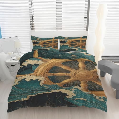 Maritim Steuerrad Bettwäsche 135x200 Nautische Schiff Ruder Türkis Welle Druck Bettbezug + 1 Kissenbezüge 80x80 2 Teilig Bettwäsche-Sets mit Reißverschluss, WeichMikrofaser Bettdeckenbezug G4k70