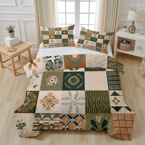 Tyafsgvqo Boho Pflanzen Blumen Bettwäsche 200x200 cm, Karo Patchwork Bettbezug Mikrofaser, Landhaus Vintage Deckenbezug Wendebettwäsche Bügelfrei mit 2 Kissenbezug - fur Kinder Jungen Mädchen