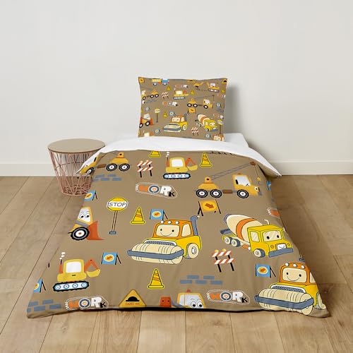Hiseng Bettwäsche-Sets, Karikatur Kinder Bettwäsche Set, Kuschel Bettwäsche mit Reißverschluss, Bettbezug mit Kissenbezug für Mädchen und Jungen (100x135cm,Gelber Bagger)