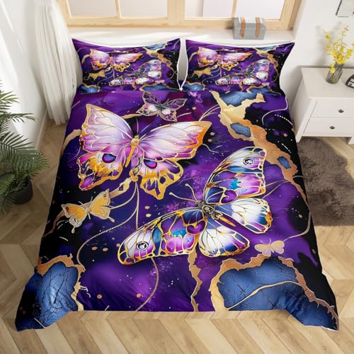 Homemissing Lila Gold Schmetterling Druck Bettbezug Set Marmor Stil Bettwäsche Set 135x200cm Mädchen Frauen Schlafzimmer Dekor Schmetterlinge Bettbezug mit 1 Kissenbezug 80x80cm und Reißverschluss