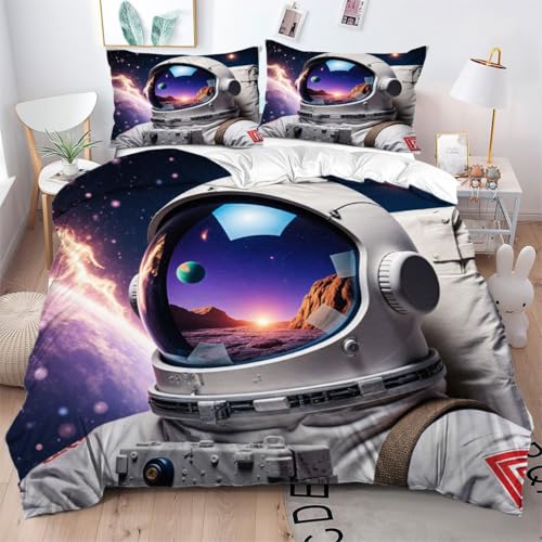 ZZXHG Bettwäsche 155x220 Mikrofaser 3teilig 3D-Astronaut Jugend, Bettbezug Set für Kinder Einzelbett, Atmungsaktiv Bettbezüge mit Reißverschluss und 2 Kissenbezüge 80x80cm_A4834