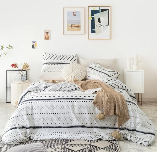 YuHeGuoJi König-Größe Bettbezug-Set, 100% Baumwolle, weißer Azteken-Bettbezug, 3-teiliges Set, 1 Pfeil, gepunktet, gemustert, Bettbezug mit Reißverschluss, Bettwäsche-Set, weich