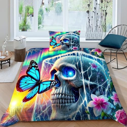 HOGDISAJD Schmetterling Skull Bettwäsche Feder Regenbogen Ice Blocks 3D Gedruckt Bettdeckenbezug Mit 1 Kopfkissenbezüge Luxus Bettbezug Set 2teilig Für Jungen Und Mädchen Single?135x200cm?