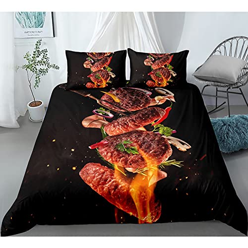 FIGONE Bettbezug Bettwäsche Set 3 Teilig, Mikrofaser 3D Rindersteak Gourmet Bedrucktes Bettwäsche-Set Kopfkissenbezug Bettbezug Mit Reißverschluss Schließung 135X200 cm - Weiches Anti-Allergiemittel