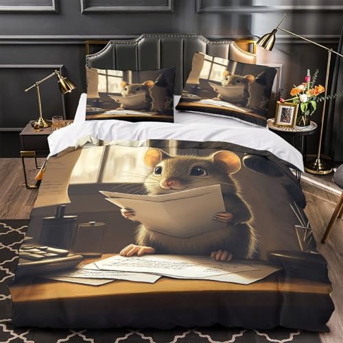 RJAVAGFZL Niedliche Maus liest 3D-Druck 3er-Set Steppbezug verspielter Cartoon-Stil Kuschelbezug Mikrofaser Hypoallergen Atmungsaktiv für Jugendliche Jungen Frauen Single (135x200cm)