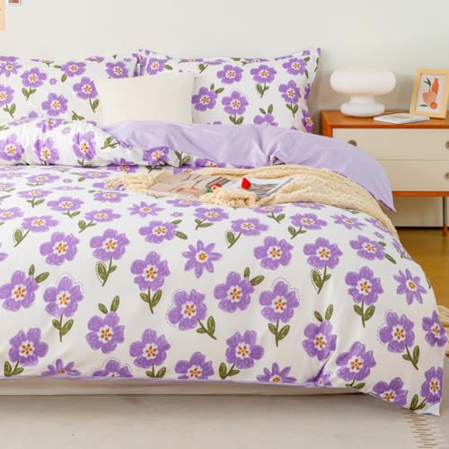 AShanlan Bettwäsche 135x200 Lila Weiß Blumenmuster Bettbezug mit Kissenbezug 80x80 cm ÖkoTex Zertifiziert Mikrofaser Violett Blumen Bettwäsche-Sets mit Reißverschluss