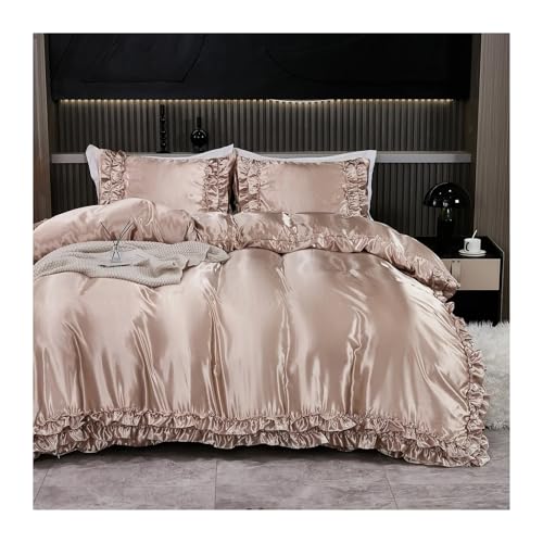 CNYUON 3-teiliges Satin-Bettbezug-Set, Seiden-Bettwäsche-Set, seidiges Rüschenmuster, luxuriöses Bett-Set(Champagne,220x24 0cm-AR-King)